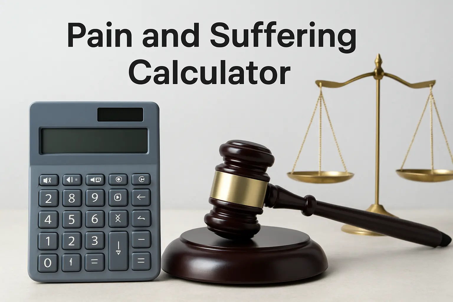 Pain and Suffering Calculator with a calculator, scales of justice, and a gavel on a blue background.