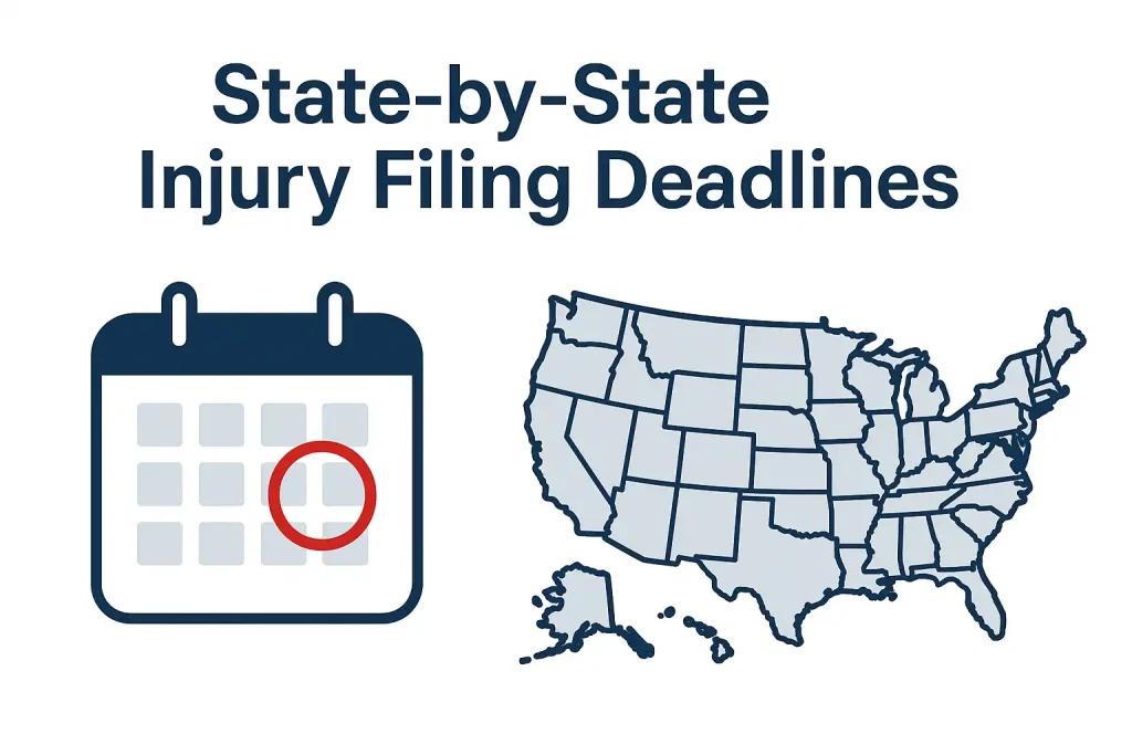 Illustration showing a calendar with a circled date and a U.S. map, representing the statute of limitations for personal injury claims by state.
