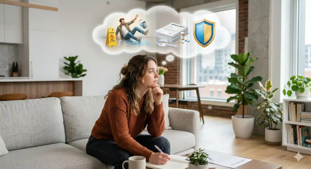 A female tenant in a modern U.S. apartment visualizing the question 'does renters insurance cover personal injury' with thought clouds showing a guest slipping on a wet floor, medical bills, and a protective insurance shield icon.
