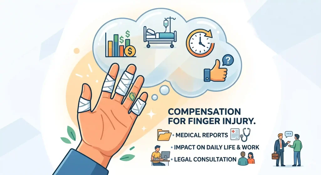 An illustrated guide titled 'COMPENSATION FOR FINGER INJURY' detailing factors that determine the answer to 'How much compensation for finger injury?' The infographic shows an injured hand with bandages and a thought bubble.