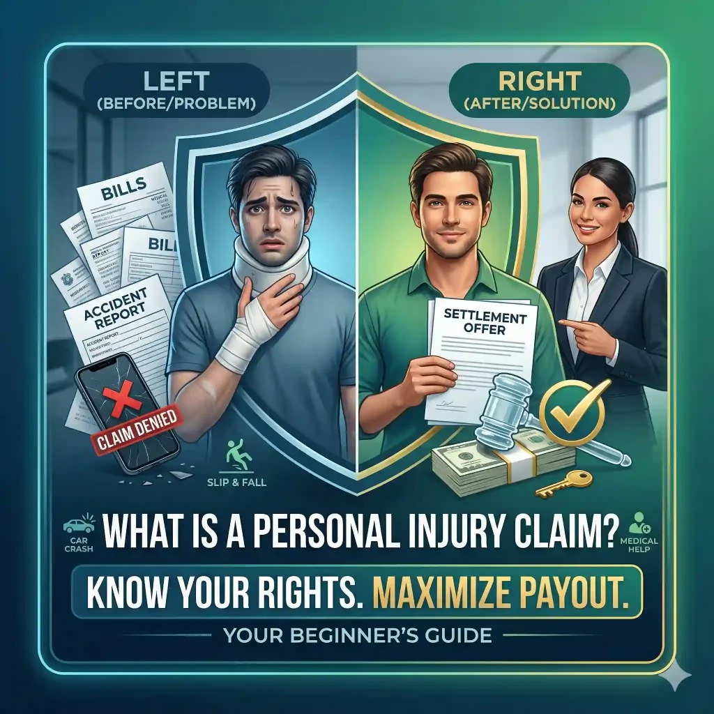 A high-contrast legal thumbnail answering 'What is a personal injury claim?'. Features a split-design showing an injured victim transforming into a confident person with a 'Scale of Justice' and a large check. Text highlights: 'Know Your Rights' and 'GET PAID FAST'.