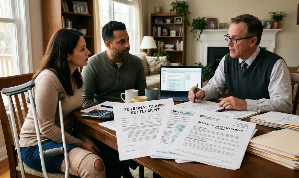 A couple consulting with a financial professional about IRS tax forms and a personal injury settlement document to determine if the compensation is taxable.