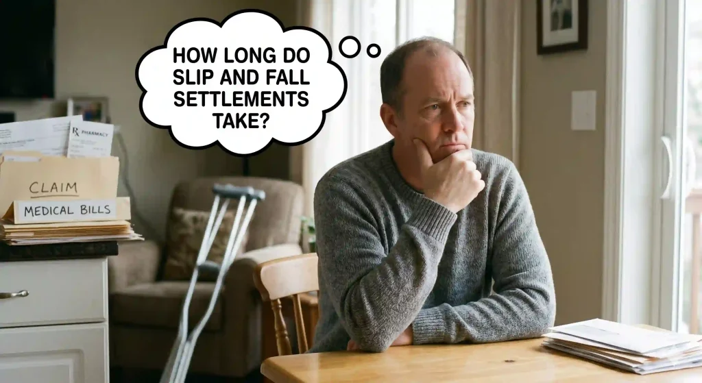 A man sitting at a table looking thoughtful with a thought bubble asking "How long do slip and fall settlements take?" next to crutches and medical bills.
