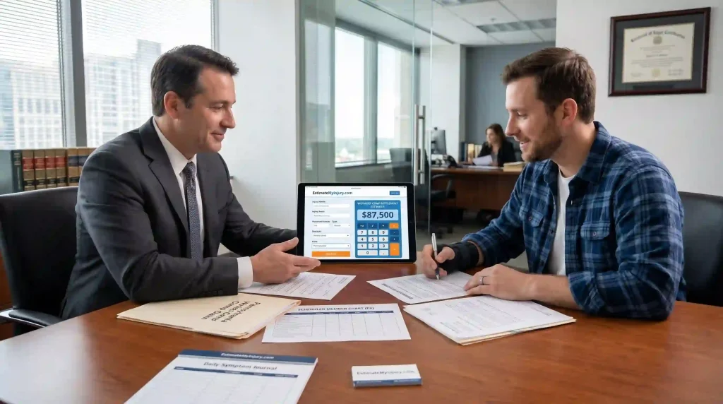 An injured employee wearing a hand brace meets with a legal professional to review the EstimateMyInjury calculation showing an 87,500 dollar settlement estimate to determine when will workers' comp offer a settlement.