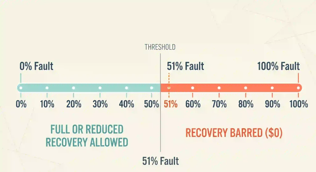 Illustration depicting 51 percent comparative fault threshold where compensation drops to zero at 51 percent blame.