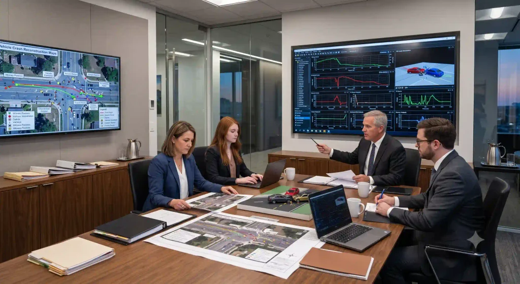 Personal injury lawyer analyzing vehicle telematics data and accident reconstruction diagrams on a desktop.