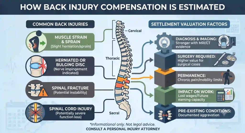 Detailed infographic dividing back injury claims into two main sections: common injuries like herniated discs and key settlement valuation drivers like imaging and pre-existing conditions.