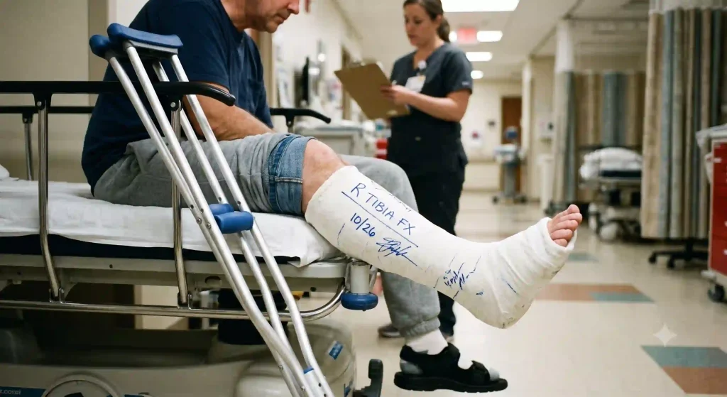 Person with a broken leg injury receiving medical treatment after an accident