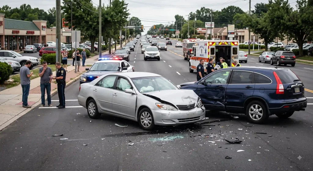 Two cars involved in a car accident on a roadway