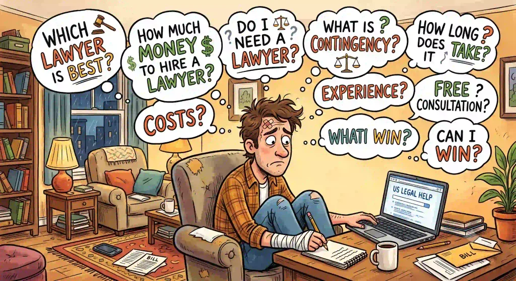 Person reviewing medical bills and researching how to find a good personal injury lawyer