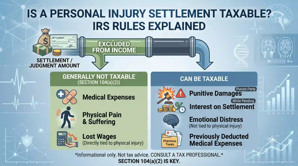 Infographic explaining IRS Section 104(a)(2) rules on personal injury settlement taxability, comparing non-taxable medical expenses and pain and suffering against taxable punitive damages and interest.