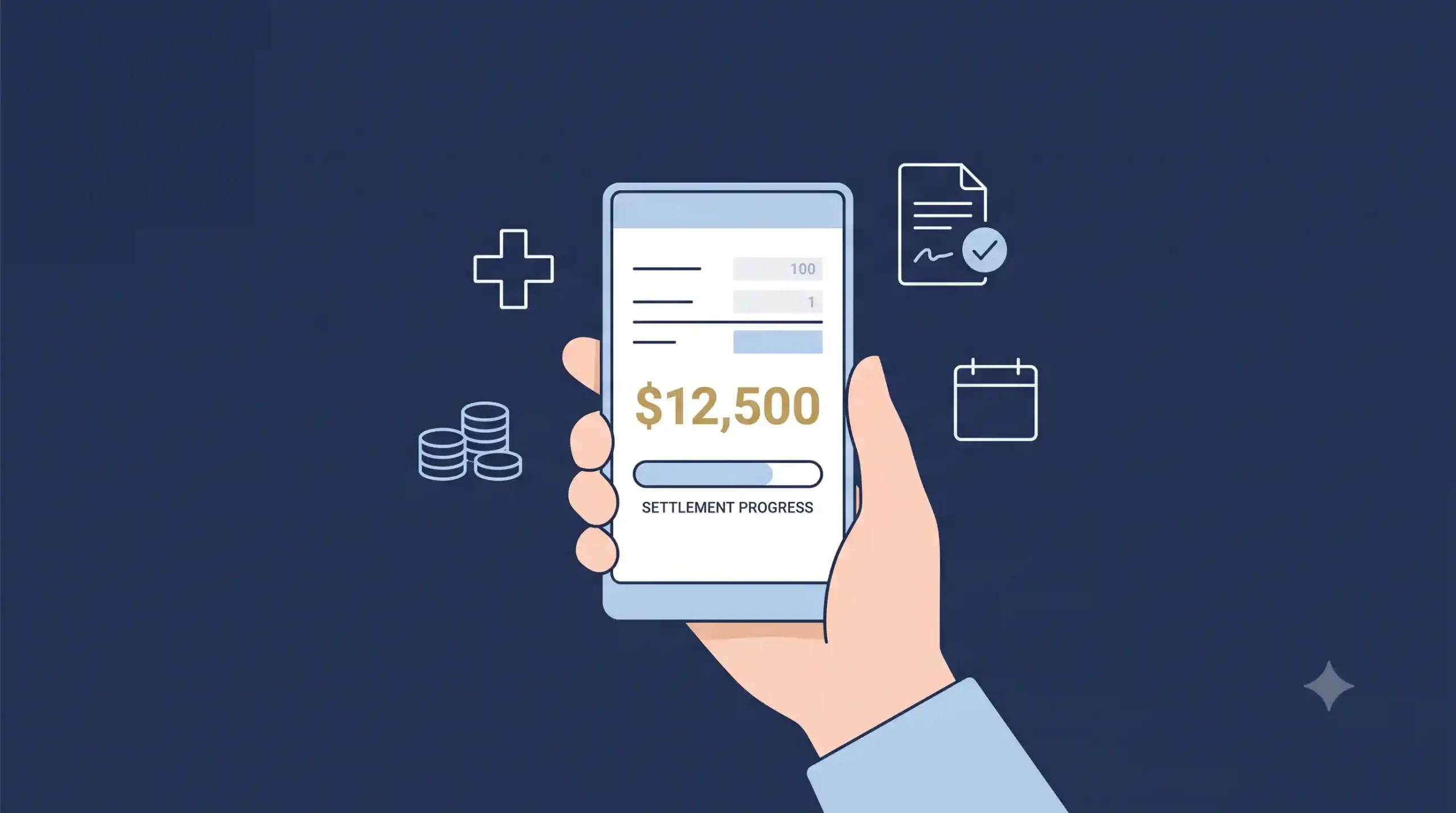 Illustration of a settlement calculator on a navy blue background showing compensation estimate