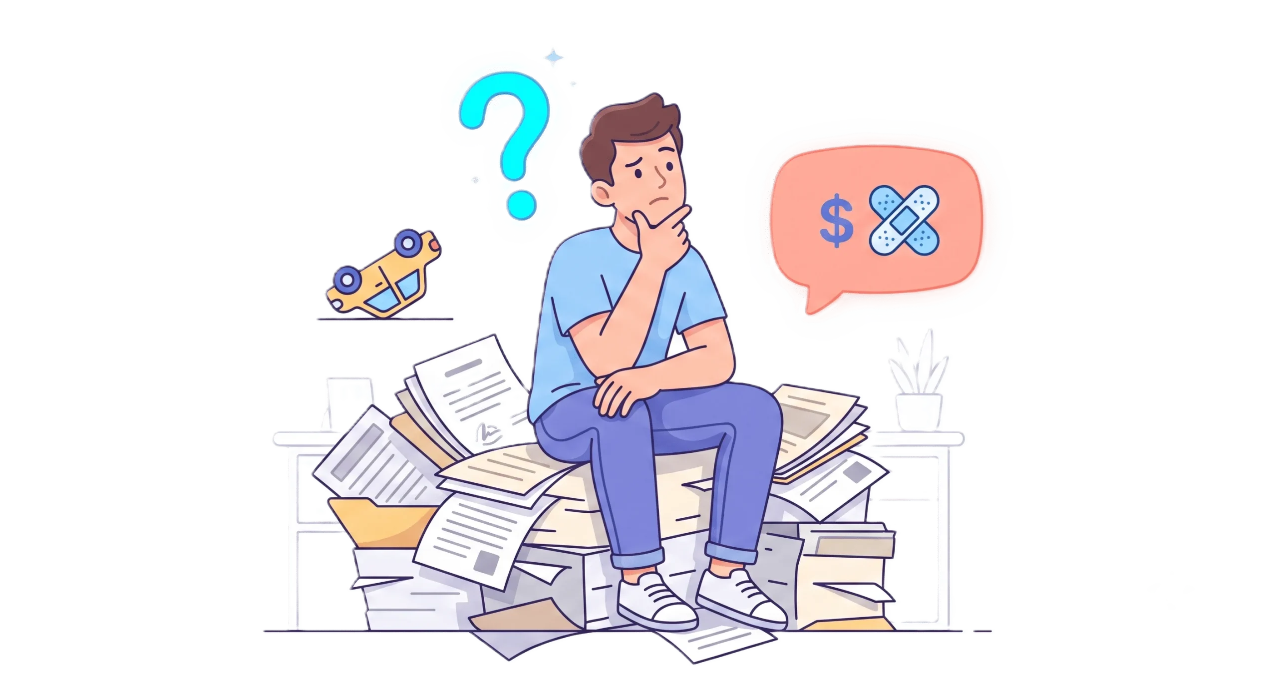 An illustration of a confused man on a large pile of legal and financial documents after a car accident, with a question mark and icons representing medical bills and financial concerns floating above his head.