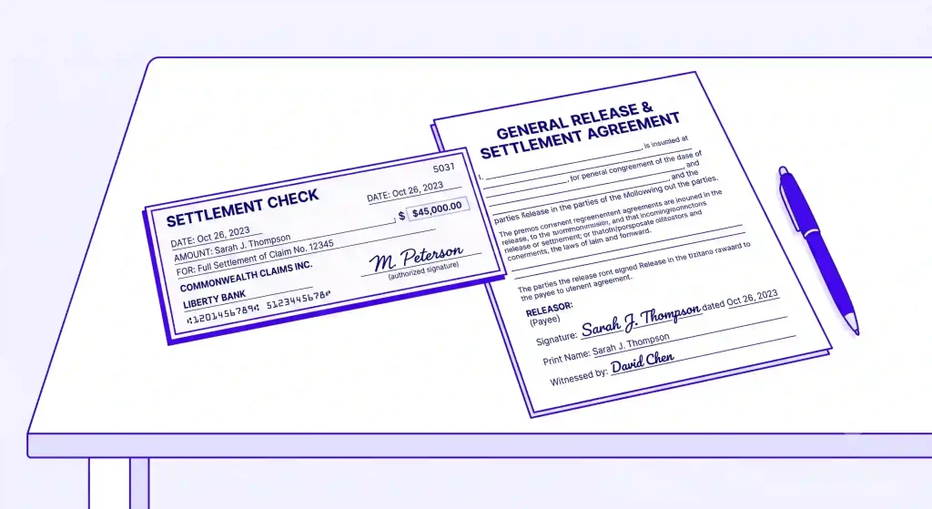 Illustration of a signed settlement release and check representing a personal injury claim resolved without going to court