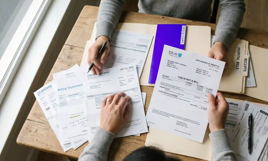 Person reviewing insurance paperwork and medical bills at a table