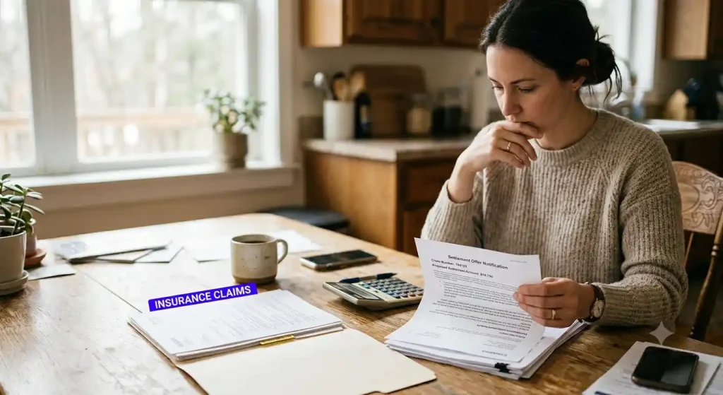 Person reviewing a personal injury settlement offer with a calculator.
