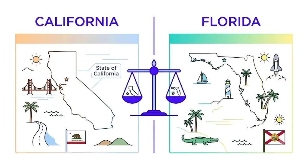 Illustration comparing California and Florida comparative negligence rules