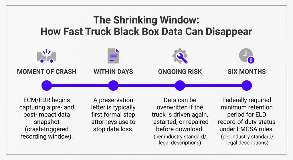 Horizontal infographic timeline titled "The Shrinking Window: How Fast Truck Black Box Data Can Disappear," detailing four critical stages of commercial truck data retention from the moment of impact up to the FMCSA six-month ELD limit.