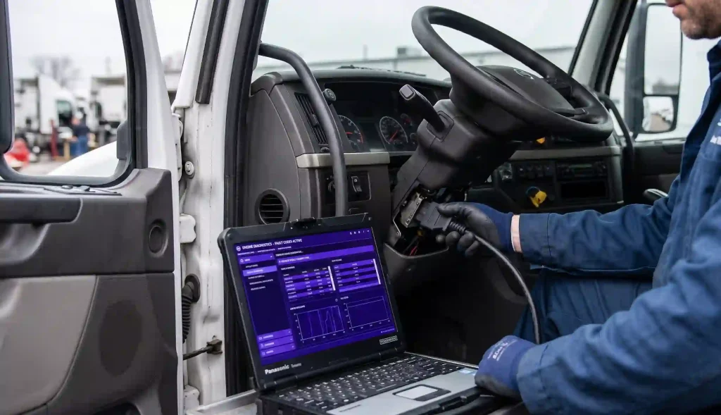 Technician downloading ECM data from a commercial truck after a crash