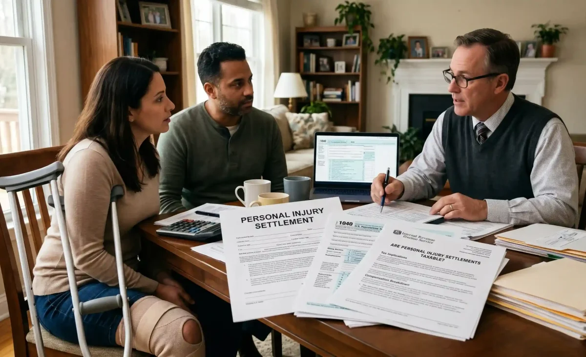 A couple consulting with a financial professional about IRS tax forms and a personal injury settlement document to determine if the compensation is taxable.