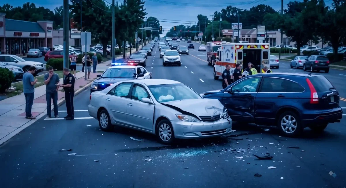 A driver taking photos of vehicle damage for a car accident injury claim and insurance settlement.