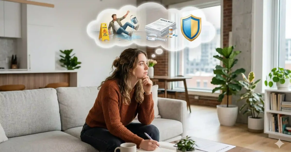 A female tenant in a modern U.S. apartment visualizing the question 'does renters insurance cover personal injury' with thought clouds showing a guest slipping on a wet floor, medical bills, and a protective insurance shield icon.
