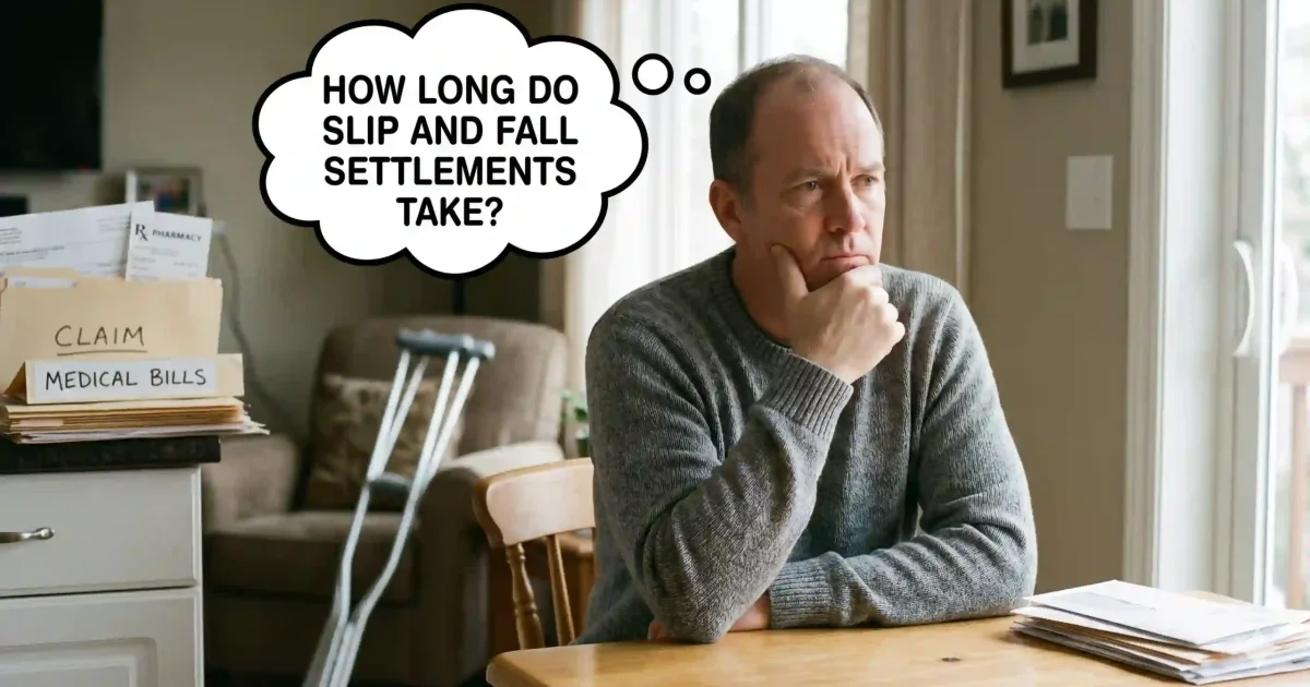 A man sitting at a table looking thoughtful with a thought bubble asking "How long do slip and fall settlements take?" next to crutches and medical bills.