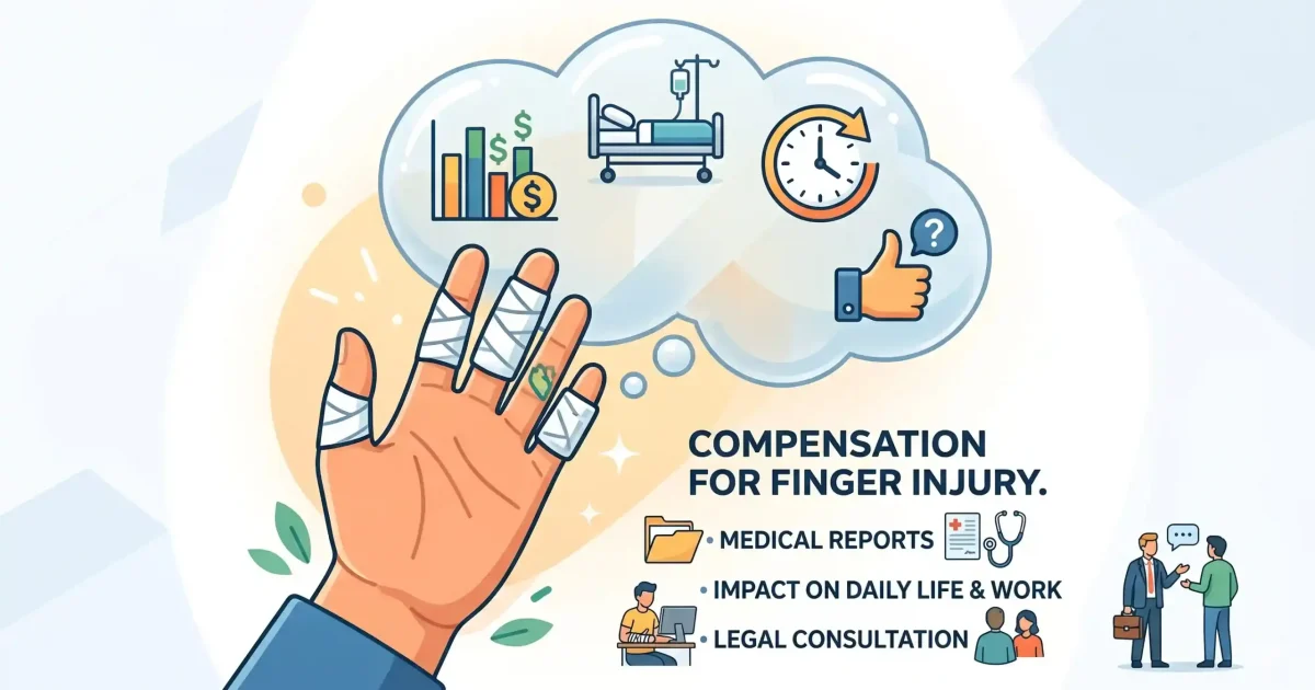 An illustrated guide titled 'COMPENSATION FOR FINGER INJURY' detailing factors that determine the answer to 'How much compensation for finger injury?' The infographic shows an injured hand with bandages and a thought bubble.