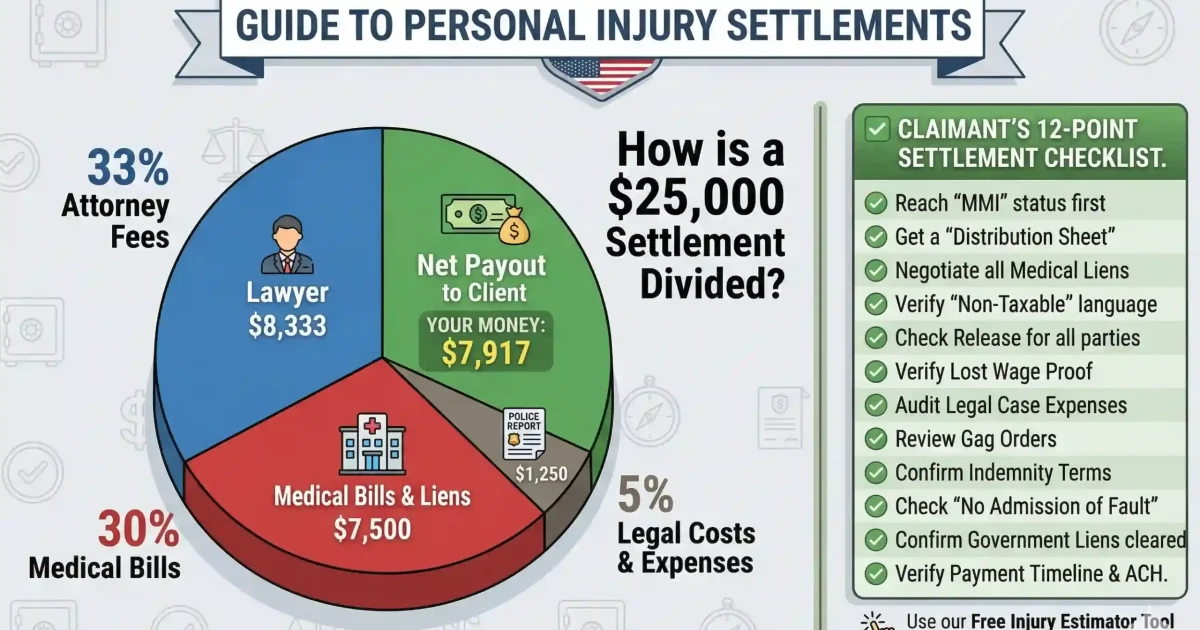 Detailed infographic illustrating how a $25,000 personal injury settlement is divided, featuring a stylized pie chart breakdown into attorney fees, medical bills, and net client payout. Includes a 12-point settlement checklist.