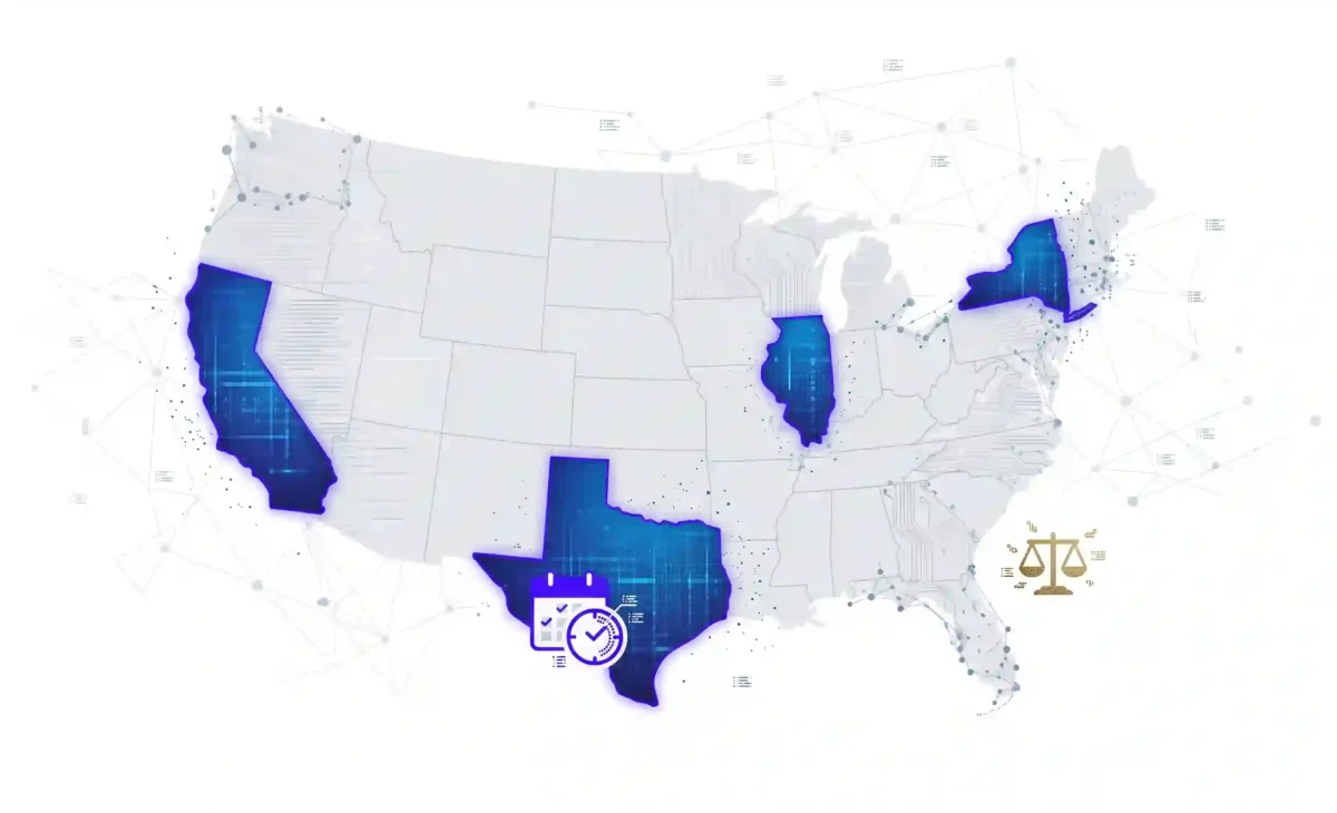 Illustration of a US map representing state-specific personal injury deadlines
