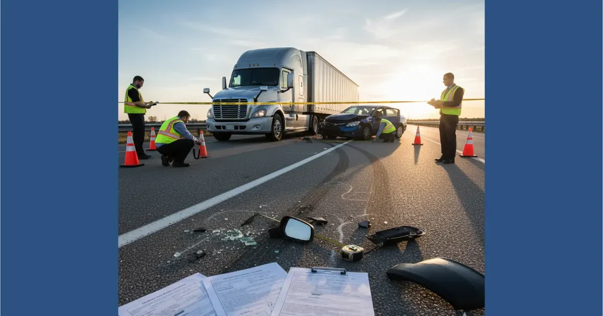 Truck accident reconstruction scene with a commercial truck and car, investigators taking notes and photos, highlighting evidence and paperwork relevant for truck accident settlements and claims.