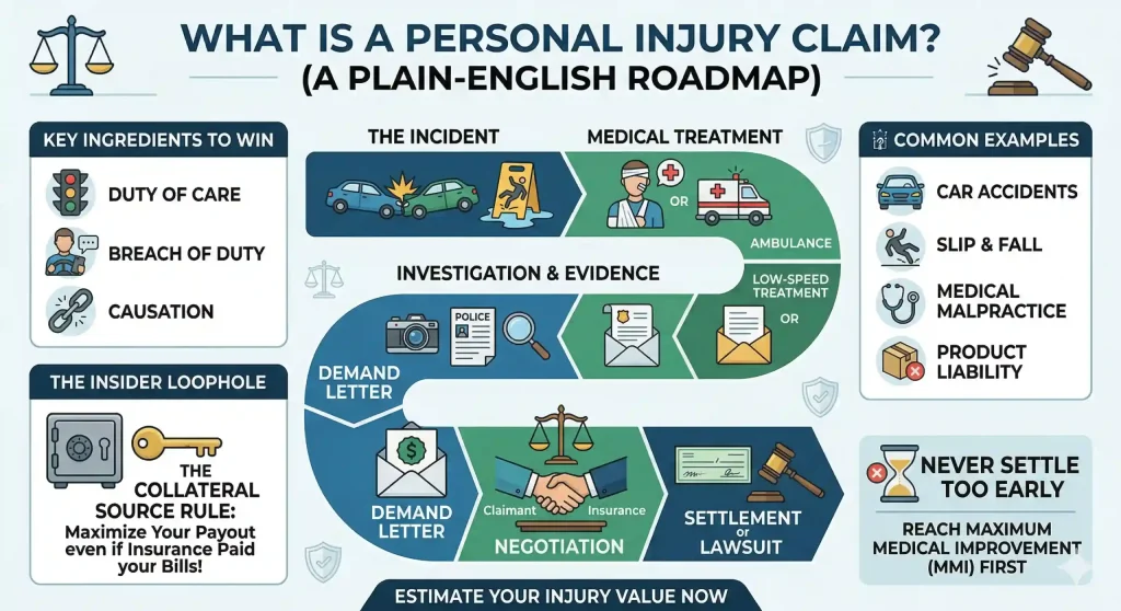 A comprehensive, easy-to-understand legal infographic illustrating 'What is a personal injury claim?' and the winning factors. It traces the roadmap from accident to payout, lists types of cases like slip-and-fall, and highlights the 'Collateral Source Rule' loophole to maximize claim value.